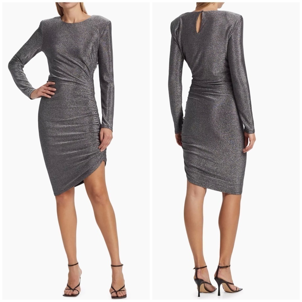 New Veronica Beard Cyrus Ruched Long Sleeve Dress Gunmetal Silver Black Sz M